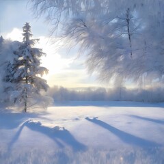 Fototapeta na wymiar Snowy Forest With Morning Sunlight