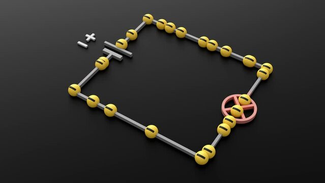 electrons flowing on a basic circuit electric scheme 3d loop animation battery powered. Can be used to represent electrical engineering, electric current voltage or a pcb prototyping board