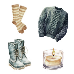 Watercolor vector collection of autumn clothes objects, isolated on white background. Set contains fall essential like umbrella, knitted sweater, warm socks, boots and candle for making cards.