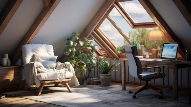 Attic with a plush armchair and a built-in desk with gaming chair and computer