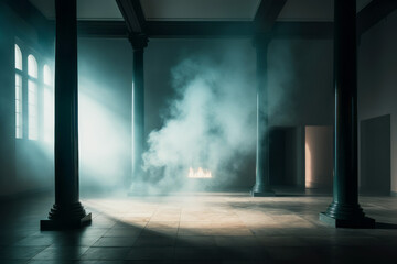 Templo vacío. Sala interior de un templo con columnas y pilares con humo. Ambiente con niebla y contraluz. - obrazy, fototapety, plakaty
