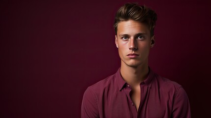 Obraz premium Model with a deep, reflective look against a burgundy backdrop. Emphasize the gravity of his expression