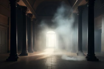 Photo sur Plexiglas Lieu de culte Templo vacío. Sala interior de un templo con columnas y pilares con humo. Ambiente con niebla y contraluz.