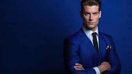 Model with a regal and distinguished look, set against a royal blue background. Focus on his prominent features