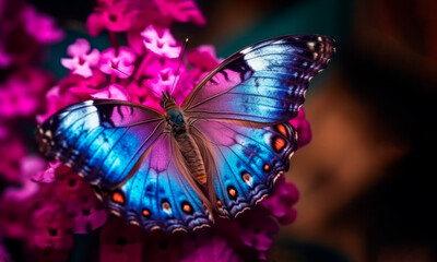Fototapeta na wymiar Mariposa gigante apoyada sobre las flores con las alas abiertas mostrando sus extraordinarios colores azulados y rosados. Mariposa tomando néctar de las flores del campo.