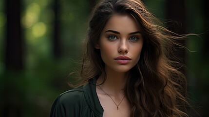 Naklejka premium Model with a thoughtful, introspective look set against a rich forest green background. Capture the subtle emotion in his eyes