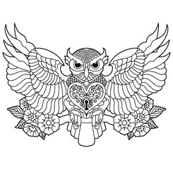 Hand-drawn illustration of an owl with cherry blossoms and a heart shaped lock.