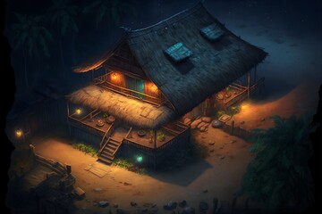 top view of indian village hut concept art night time moon light cinematic lighting realistic details 