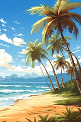 Illustration of a serene and colorful beach