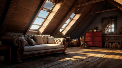 Attic with a skylight and a velvet daybed and a rustic wood floor