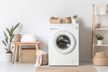 Interior of home laundry room with modern washing machine. Generative AI
