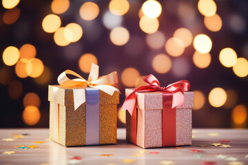 Festive gift boxes against bokeh background. Holiday greeting card. Typically used for birthday, anniversary presents, gift cards, post cards.