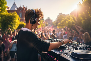 Dj mixing outdoor at festival with crowd of people on street of the city in background. Young people enjoying summer event. - obrazy, fototapety, plakaty