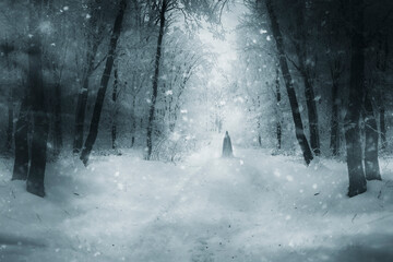 mysterious cloaked silhouette on snowy forest road, fantasy winter landscape