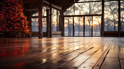 Fototapeta premium Lake Cabin - Christmas Tree - Holiday Decorations - open floor - big windows - sunrise - sunset - golden hour - holiday decorations - festive - vacation - lake house - getaway - low angle camera shot