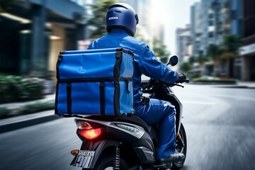 Motorcycle delivery blue clad courier transports parcels with speed and efficiency