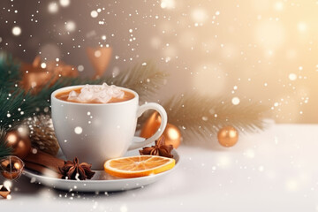 Christmas background with coffee cup, festive decorations, ice crystal snowflakes and fir branches. Generative AI