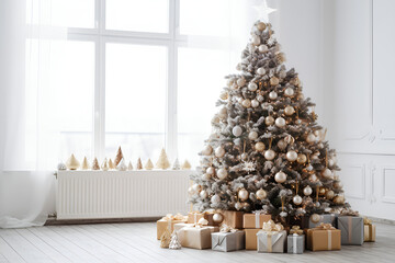 Christmas Holiday background with snow, fir tree and decorations with christmas light behind,Christmas tree in living room with gifts and decorations

