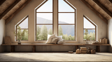 Fototapeta premium Attic with a wall of windows and a rustic wooden bench and an area rug