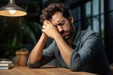 Depressed and tired man. Frustrated young man in smart casual wear touching his face with hand and keeping eyes closed while sitting indoors at his workplace
