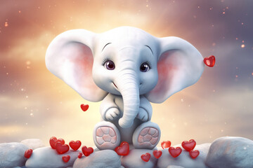 Cute small white cartoon elephant with red hearts sitting on a rock