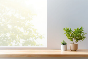 Minimalist simple office workspace with a laptop and a potted plant in soft natural light. Generative AI