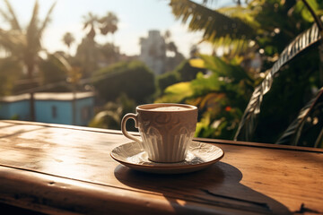 Cup of coffee on a saucer on a wooden table against background of a southern city on a sunny morning
