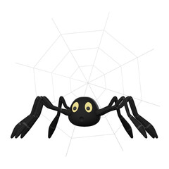 3D grey cobweb with black cute spiders isolated on white background. Halloween decoration.
