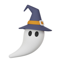 halloween cartoon ghost wearing witch hat on white background. Happy Halloween concept. October holiday. 3d rendering illustration.