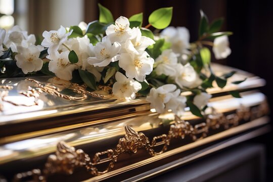 close up shot of a  a beautiful  funeral casket and flower in a church.