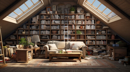 Obraz premium Attic with an eclectic mix of furniture and a wall of bookshelves and a skylight 