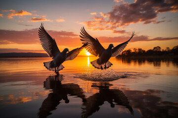 silhouette of two pigeons gliding over a tranquil body of water during sunset, with the reflections creating a picturesque and serene atmosphere.