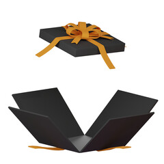 Black gift box orange ribbon isolated on white background for celebration Halloween event template. 3D illustration render.