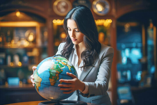 a confident female businesswoman holding a globe, symbolizing her international perspective and involvement in global business affairs.