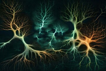 Generate an AI image that depicts an abstract forest of interconnected neurons, with leaves formed by electric sparks - obrazy, fototapety, plakaty