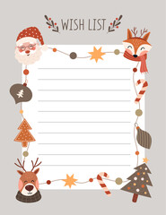 Wish list decorated template. Vector christmas illustration