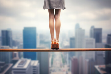 A young woman navigating a tightrope against the backdrop of a cityscape, illustrating the challenges and fears that can come with a corporate career. - obrazy, fototapety, plakaty