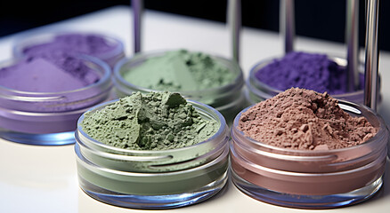 Pink make up spilled over white surface with make up brush covered in powder,Crushed eye shadow on white background. Professional makeup products