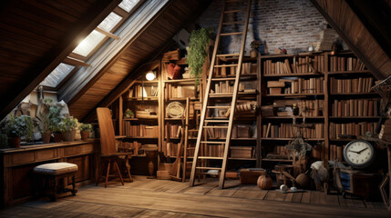 Attic with exposed brick walls and a rustic wooden ladder and a collection of old books