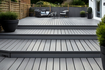 Composite decking in ash grey with three levels deck lights and ideal for a landscape gardener - obrazy, fototapety, plakaty