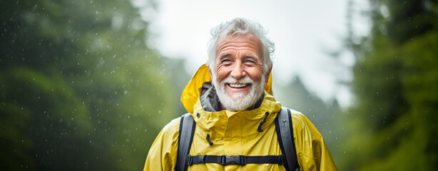 Happy and healthy senior man smiling while enjoying an active lifestyle in nature and outdoor camping in the rain - obrazy, fototapety, plakaty