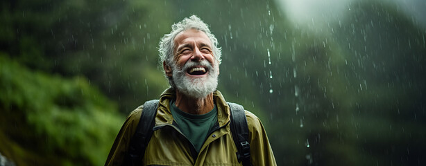 Happy and healthy senior man smiling while enjoying an active lifestyle in nature and outdoor camping in the rain
