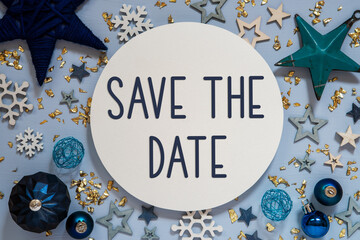 Text Save The Date, Blue Christmas Decoration, Flatlay