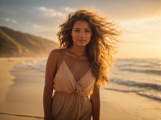 Fototapeta na wymiar A picturesque scene captures a young, radiant woman standing on a sandy beach, with the vast ocean stretching out behind her. The sun casts a warm, golden glow on her skin.