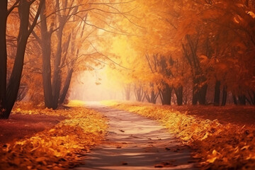 Autumn blurred road landscape. Autumn mystical forest road in autumn leaves background,