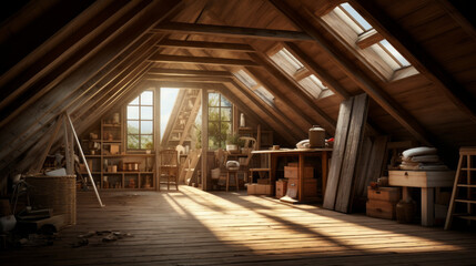 Attic with exposed rafters and a cozy window seat and a skylight