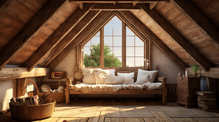 Fototapeta na wymiar Attic with exposed wood beams and a cozy daybed and a skylight 
