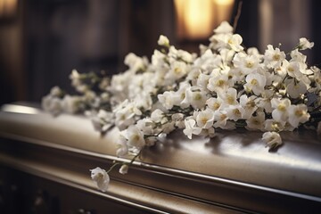 close up shot of a  a beautiful  funeral casket and flower in a church.
