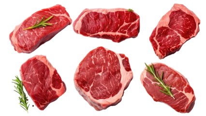 Fresh raw beef steak set isolated on transparent background, top view, PNG