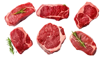 Fotobehang Fresh raw beef steak set isolated on transparent background, top view, PNG © Sasint
